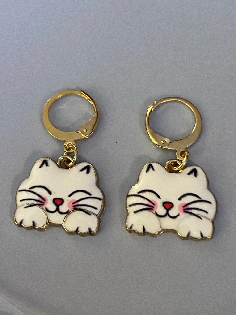 Cute White Cat Enamel earrings with Gold Hoops